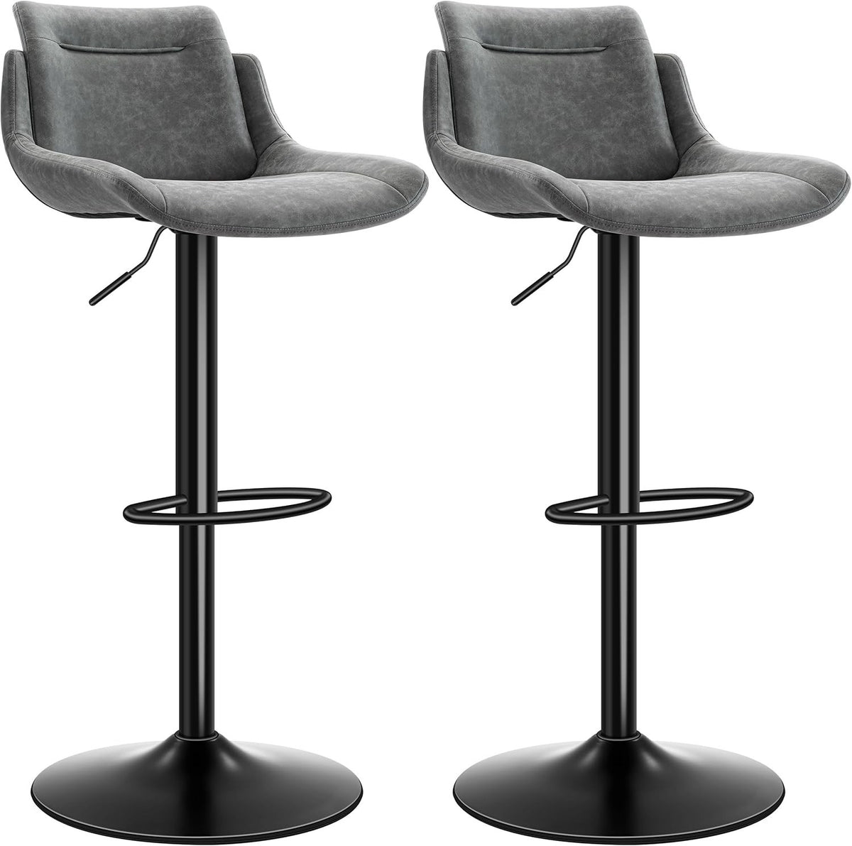 Adjustable Grey PU Leather Bar Stools Set of 2 Swivel Kitchen Counter