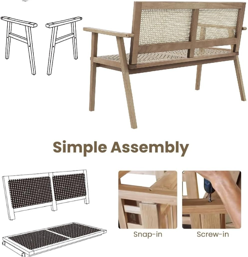 2 Seater Garden Bench with Rattan Seat Natural Wood Patio Love Seat