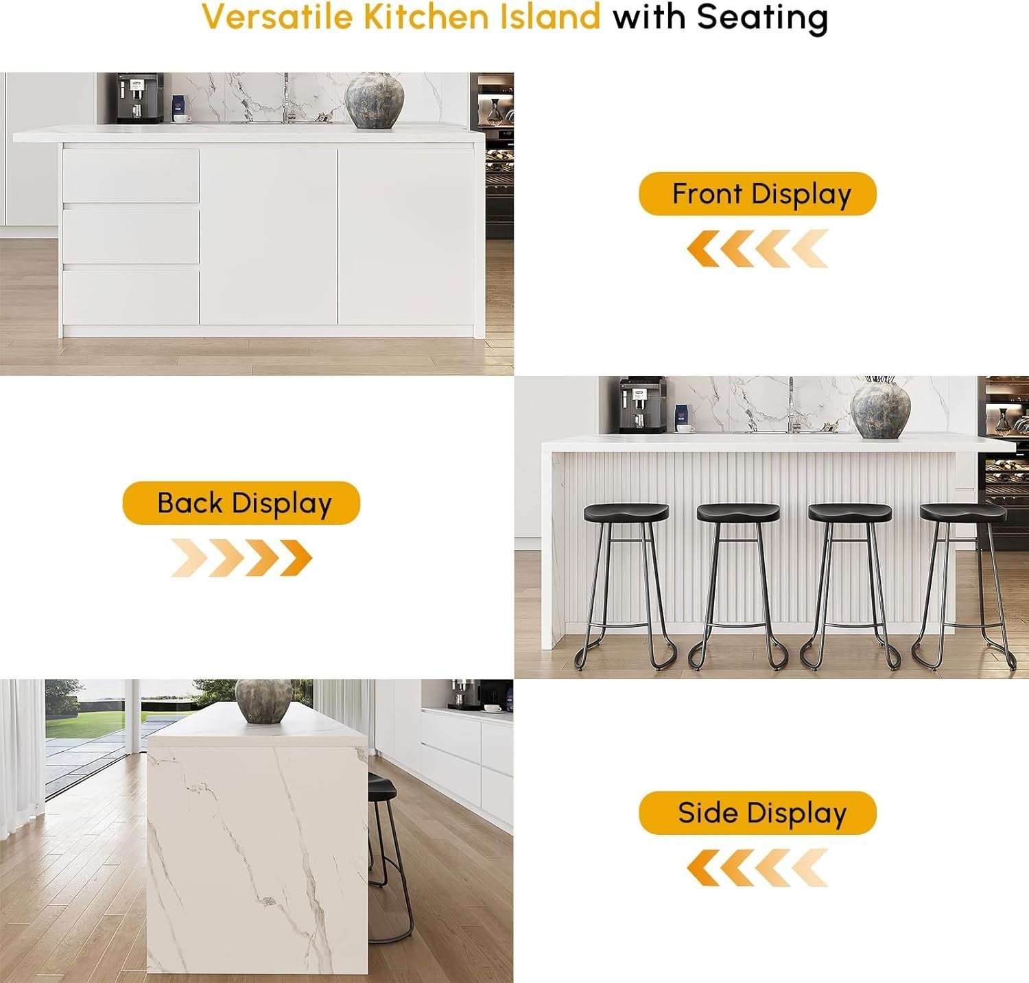 183cm White Kitchen Island with Marble Effect Top, 3 Drawers & 8 Storage Shelves