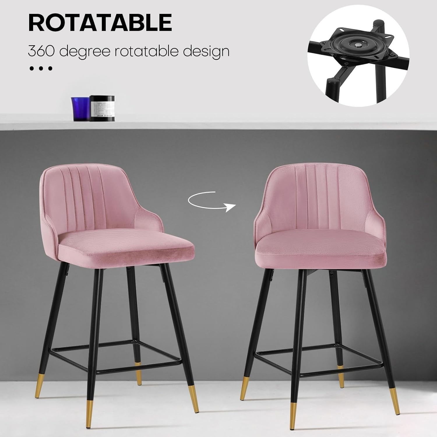Pink Velvet Swivel Bar Stools Set of 2 – Modern Kitchen Counter Chairs
