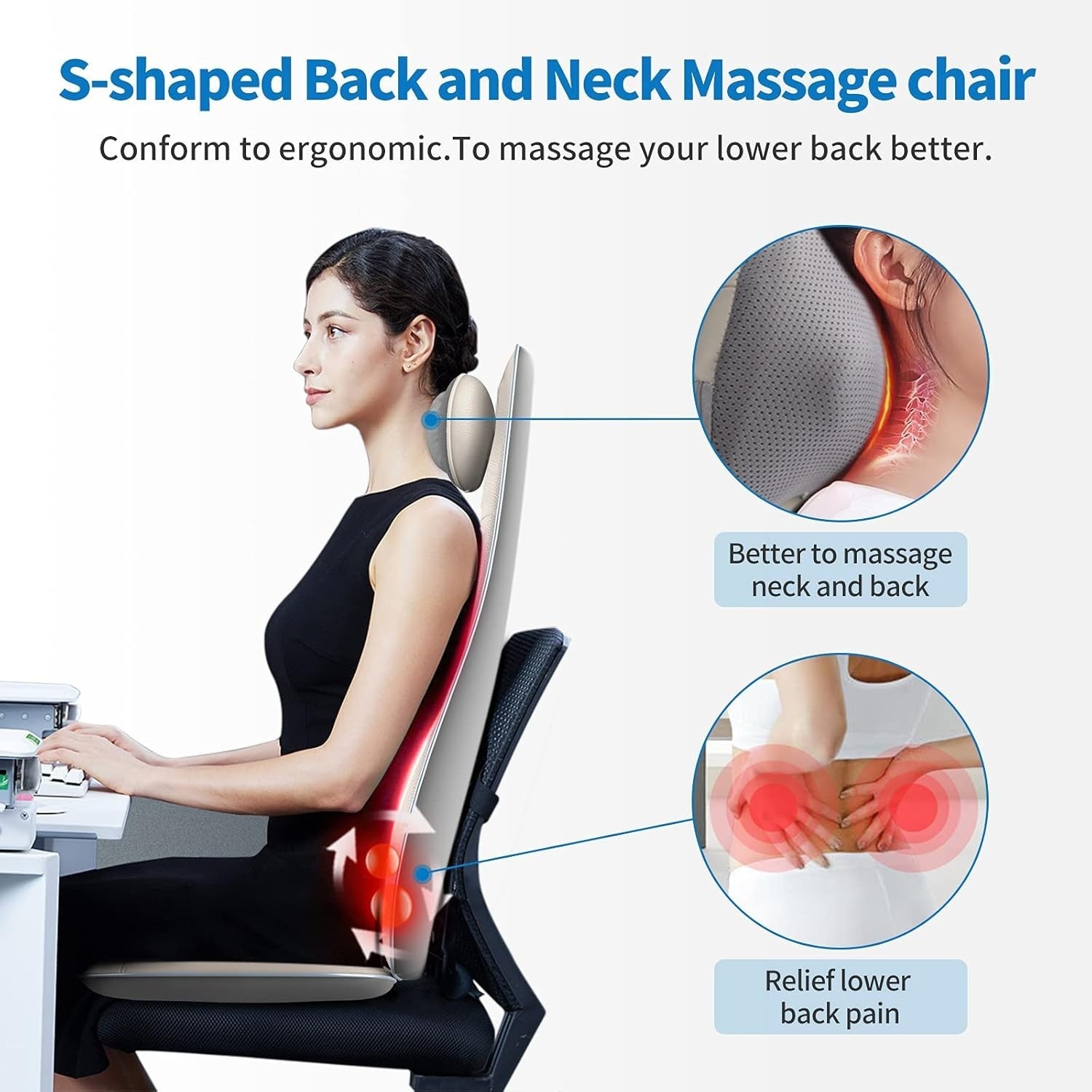 Shiatsu Back Massager with Heat S-Shape Full Back Chair Pad Adjustable Neck