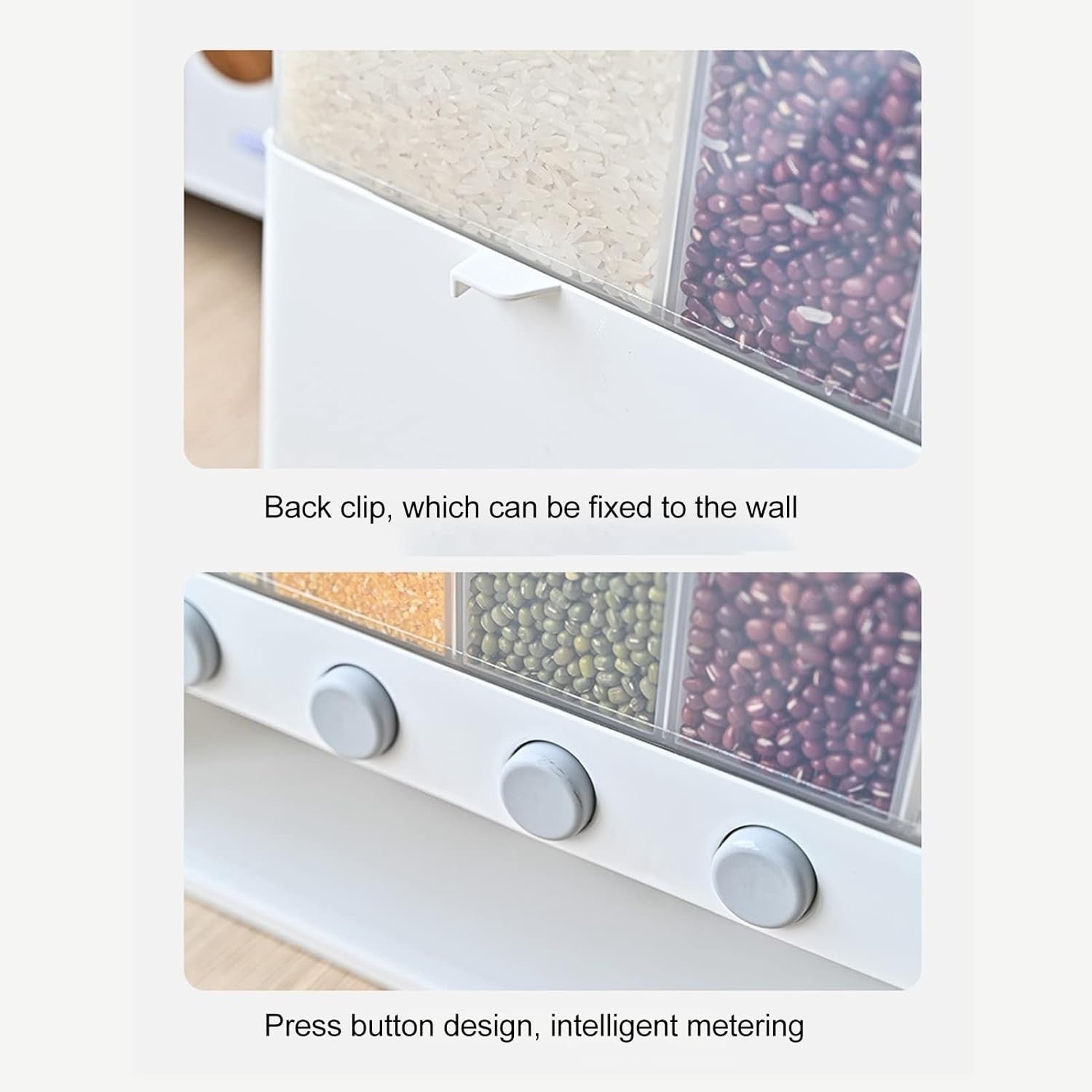 10L Wall Mounted Rice Dispenser 6 Grid Sealed Grain Storage Bin