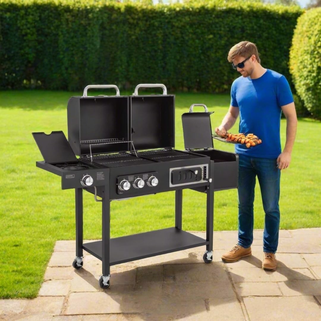 Dual Fuel Gas & Charcoal BBQ Grill with Side Burner & Thermometer – 4 Burner
