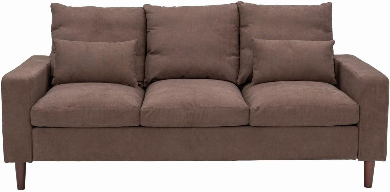 3 Seater Sofa Brown Linen Upholstered Couch Modern Compact Soft Seat with Cushio