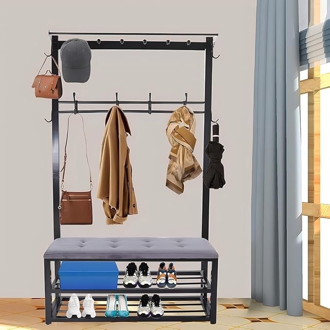 Metal Coat Rack with Shoe Bench & Hooks – 3-in-1 Entryway Storage Organizer 100c