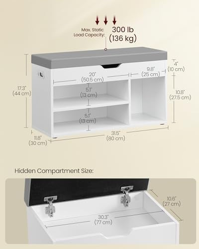 Cloud White Shoe Storage Bench with Cushion 3 Compartments Hidden Seat 80x30x44