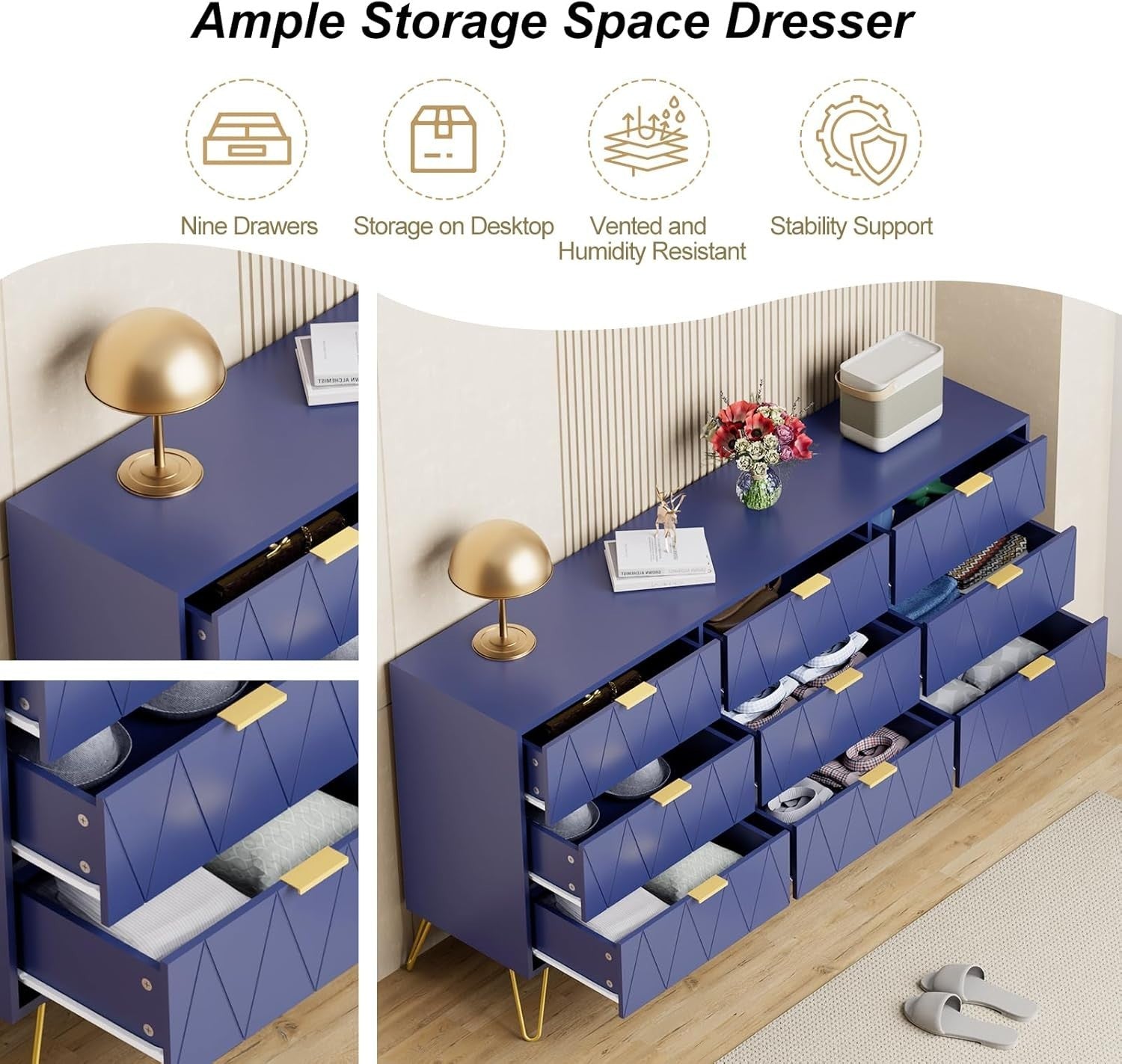 Navy Blue 9 Drawer Chest Wide Storage Cabinet Modern Dresser for Bedroom