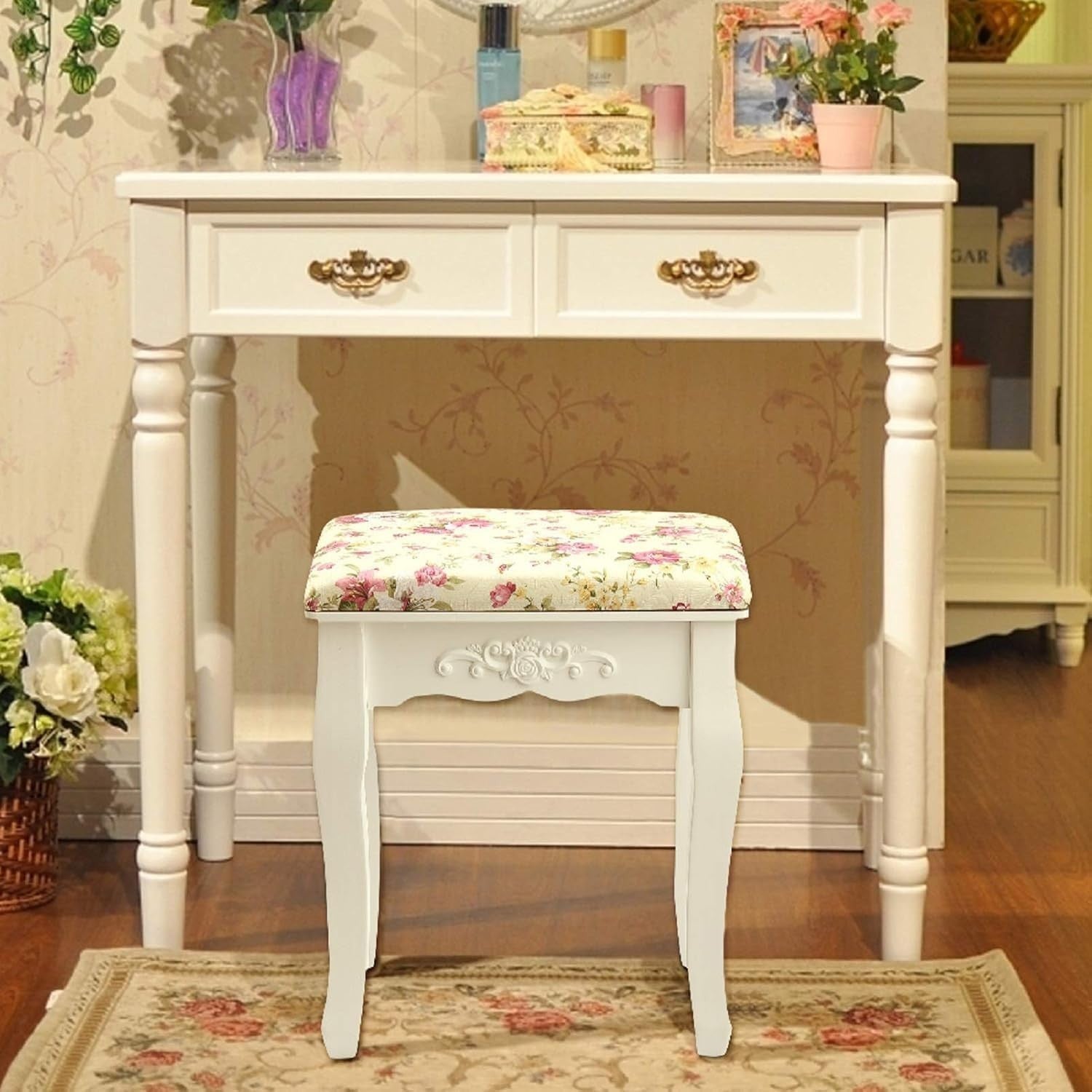 Rose Baroque Vanity Stool with Curved Wood Legs – Elegant Makeup Chair