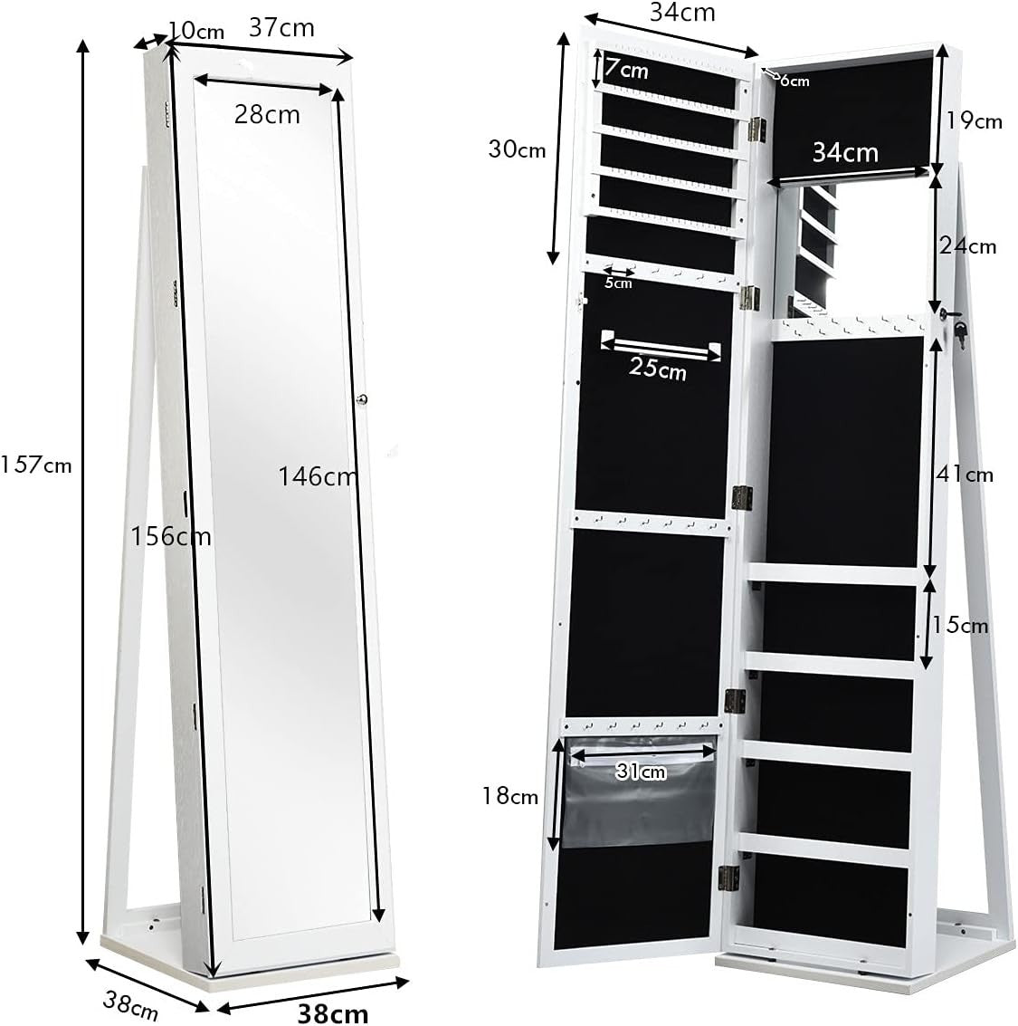 White Lockable Jewelry Cabinet Mirror 3-in-1 Freestanding Storage
