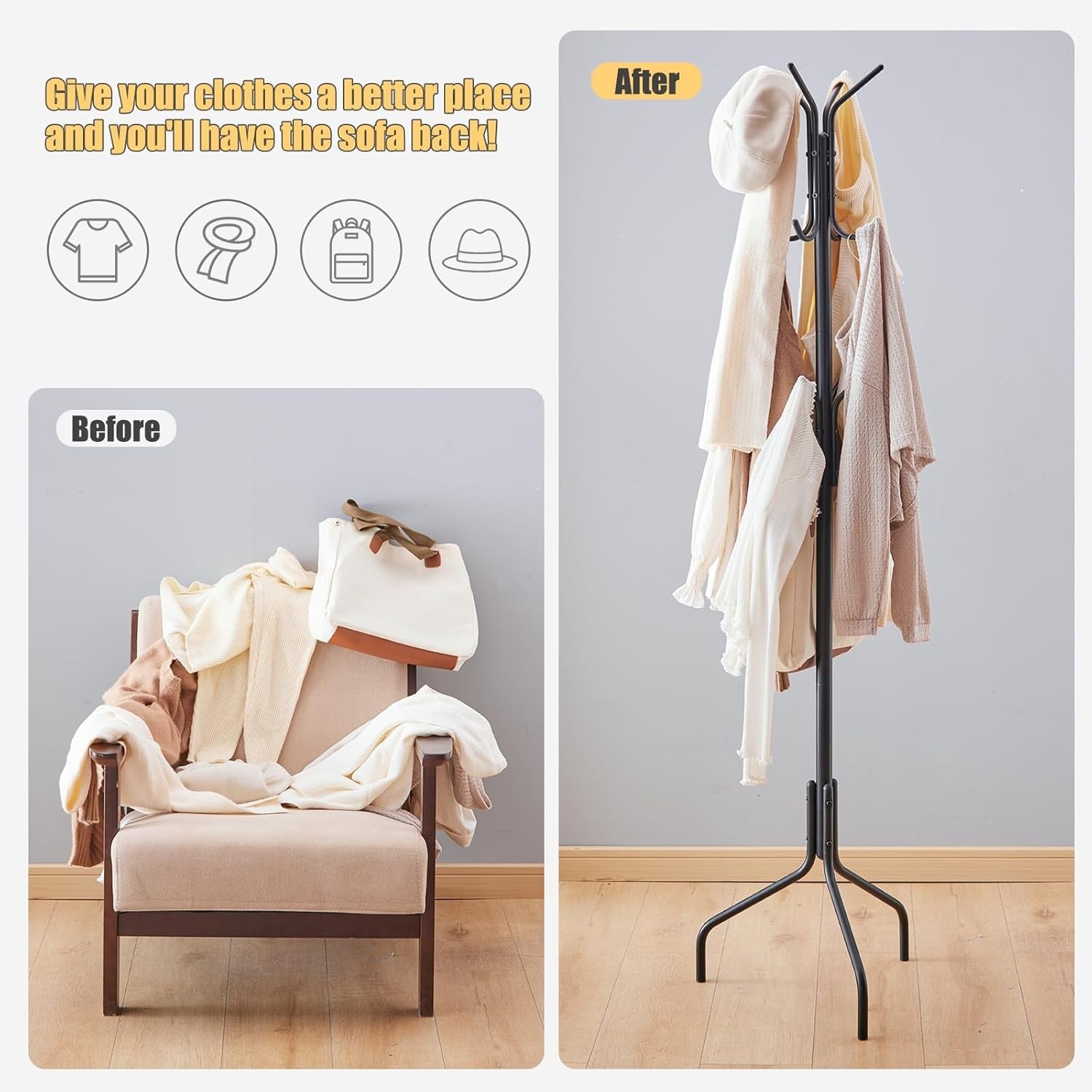 Black Metal Coat Rack Freestanding with 12 Hooks | Hat & Scarf Organizer