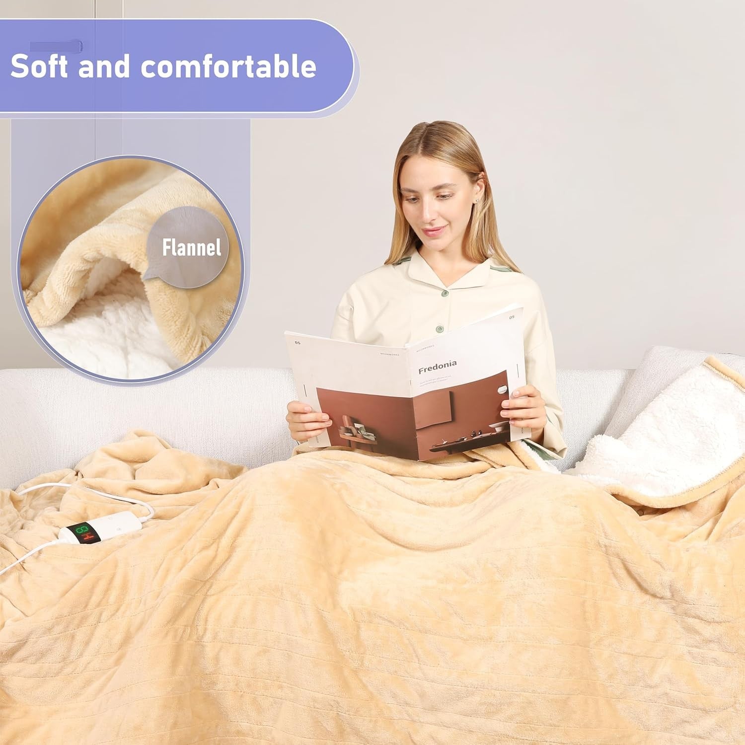 Electric Heated Throw Blanket Khaki 130x160cm Sherpa Fleece 10 Heat Timer