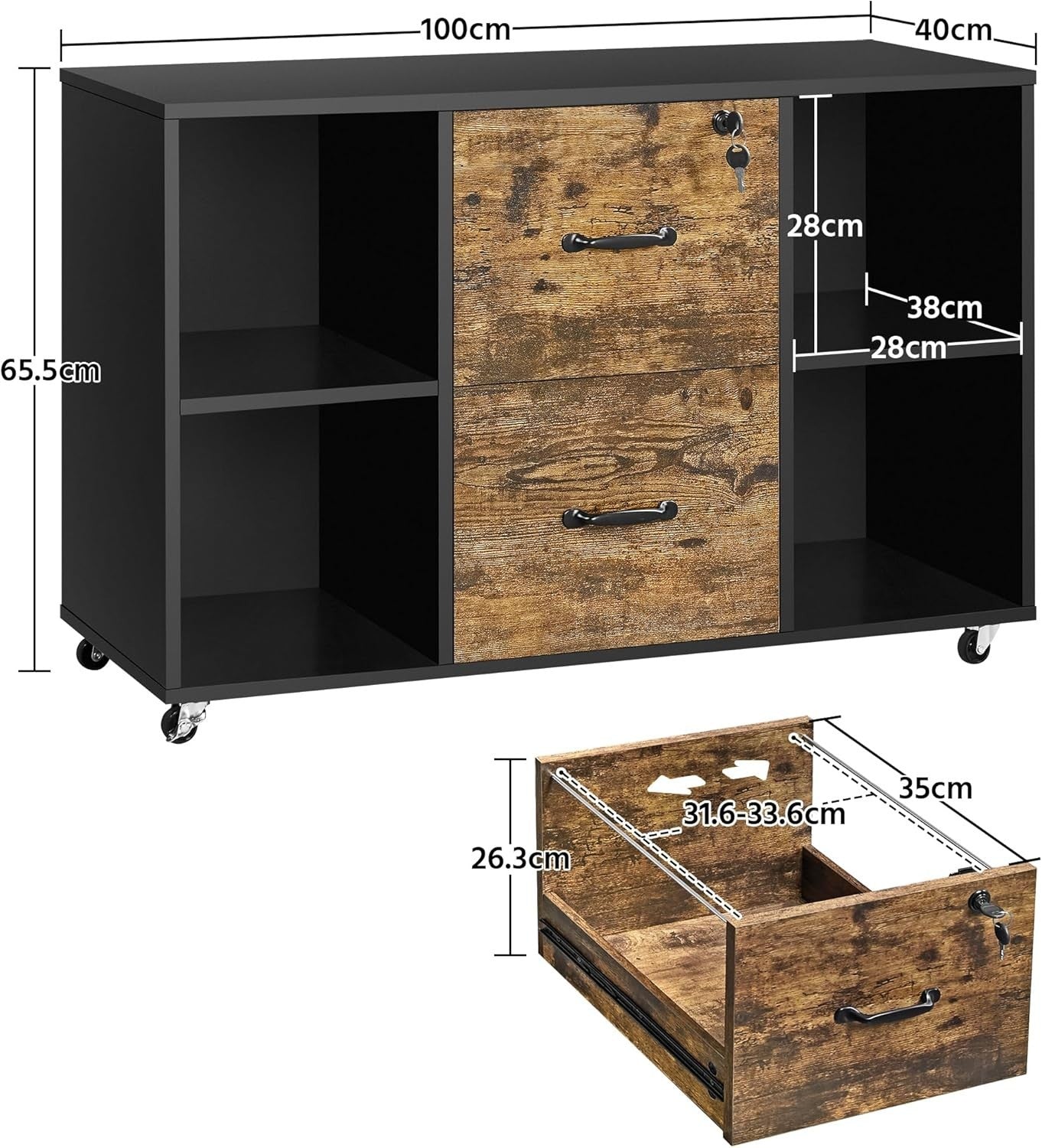 Rustic Black Rolling File Cabinet 100x40x65.5cm 2 Drawer Printer