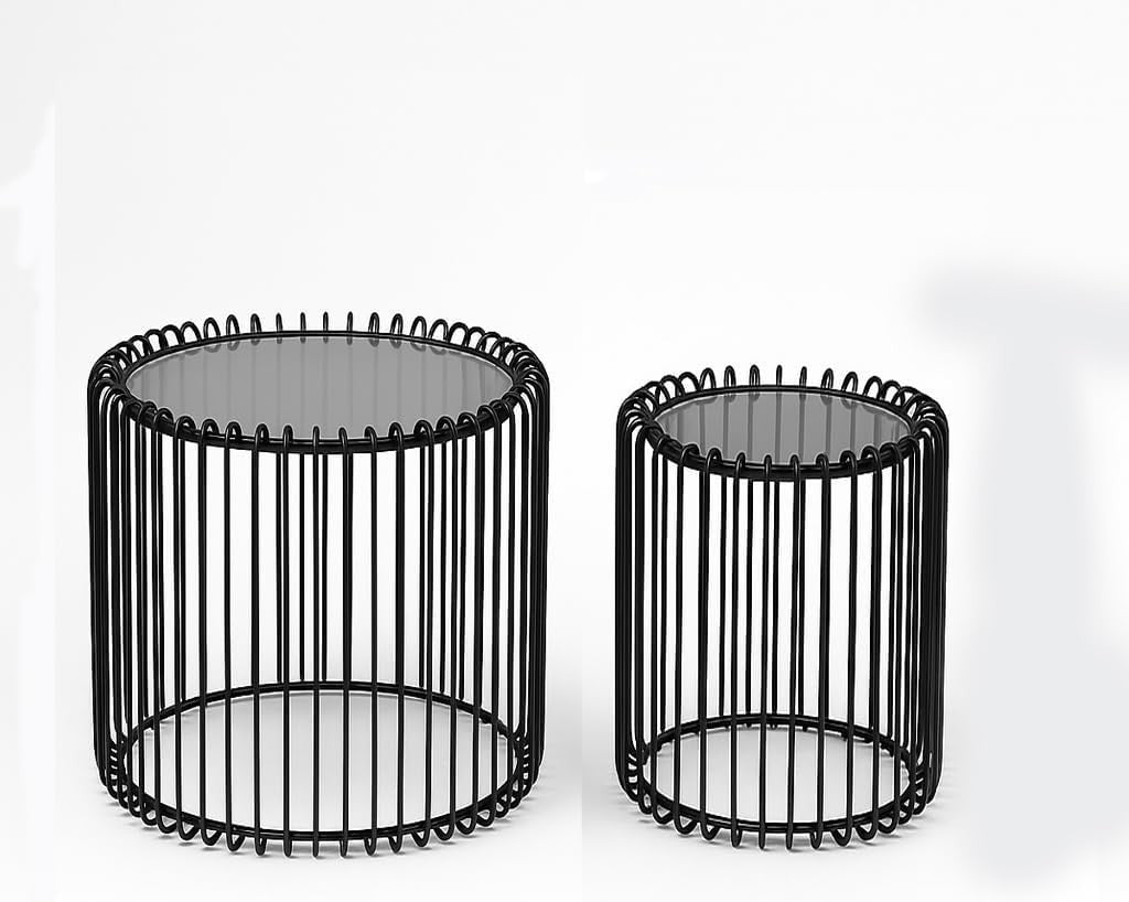 Nesting Coffee Table Set Black Metal Frame Glass Top Round Living Room