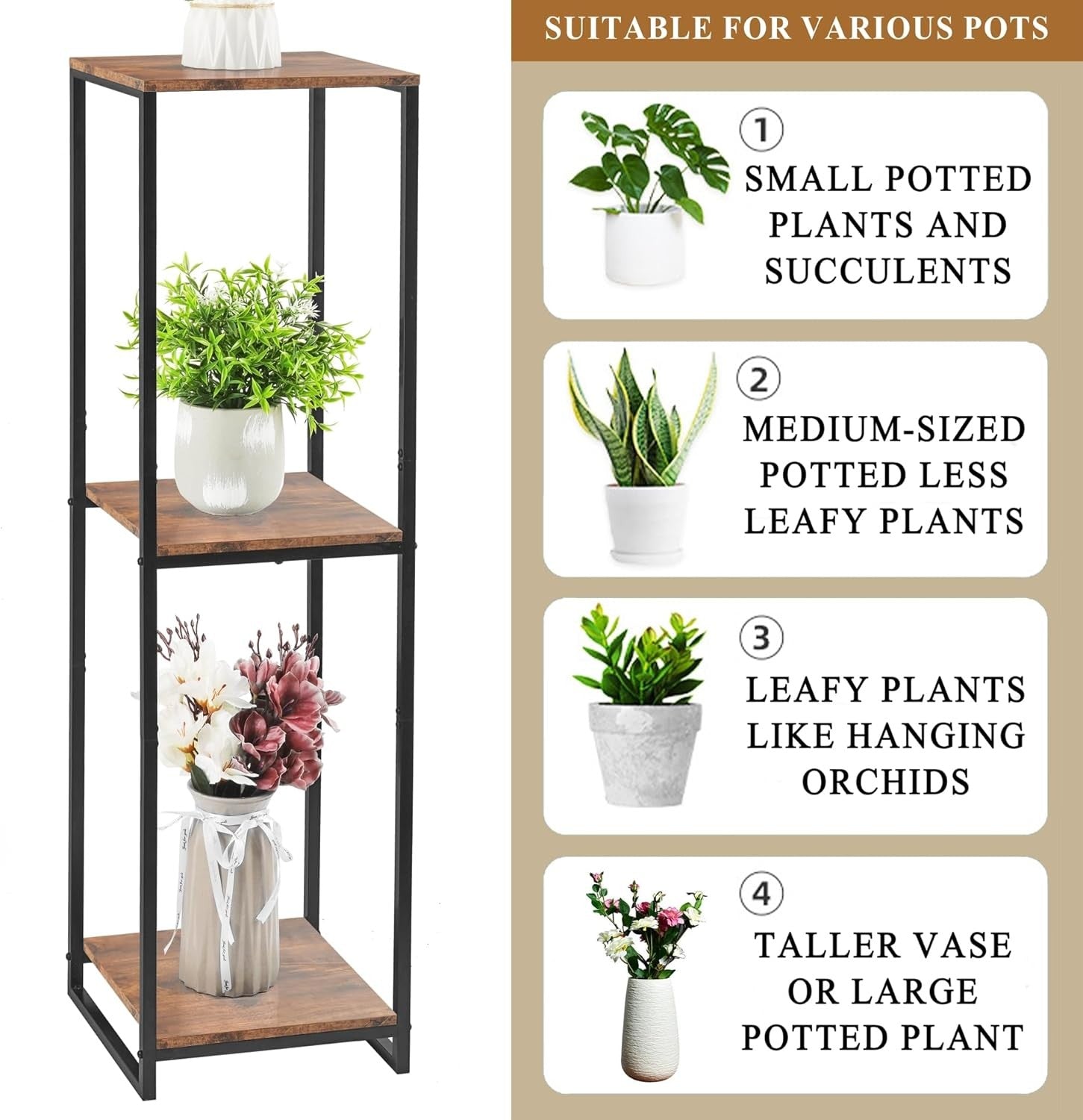 46" Tall 3 Tier Rustic Brown Plant Stand Indoor Modern Metal Flower Shelf