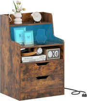 Rustic Brown LED Bedside Table with Charging Station, Drawers & RGB Shelf Unit