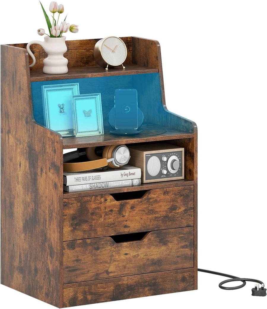 Rustic Brown LED Bedside Table with Charging Station, Drawers & RGB Shelf Unit