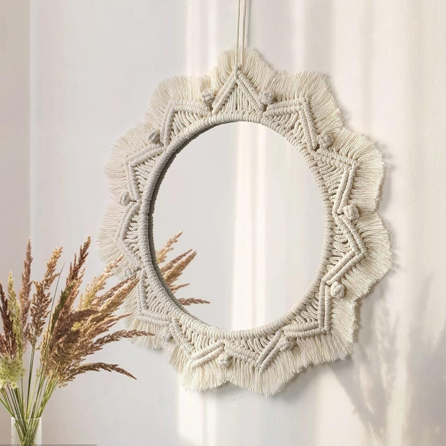 Beige Boho Macrame Wall Mirror 15" Round Decorative Art