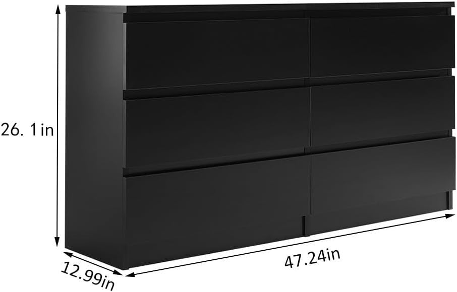 Wide 6 Drawer Black Chest Modern Bedroom Storage Cabinet Large Dresser
