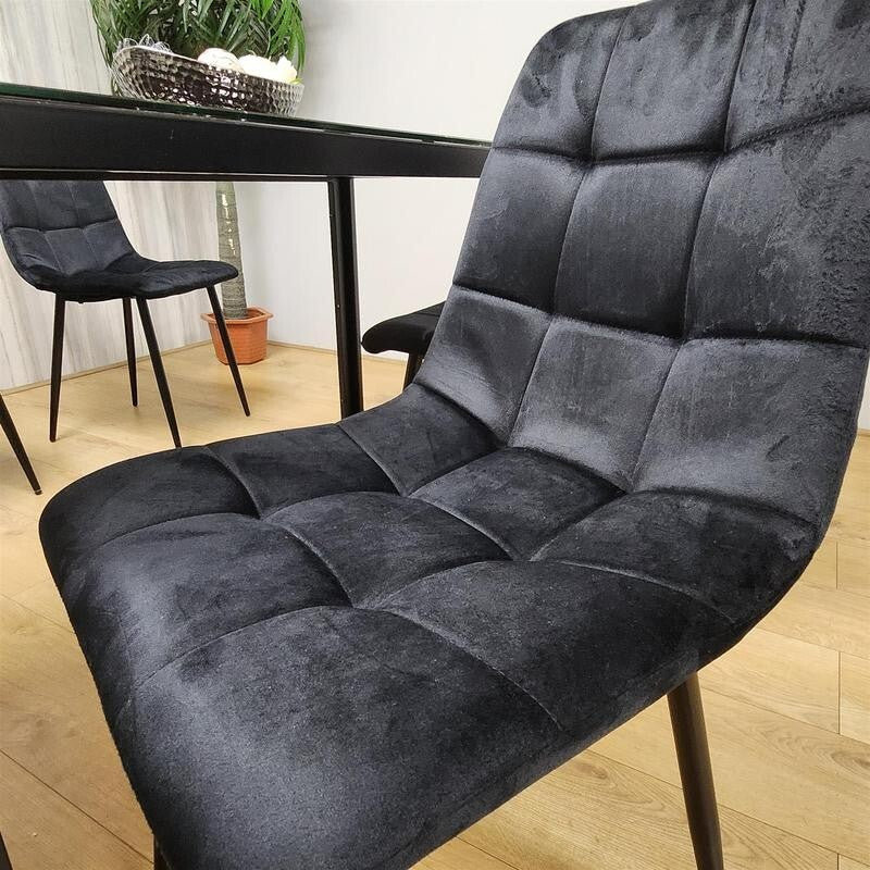 Black Marble Effect Dining Table Set with 4 Velvet Chairs – Modern Glass