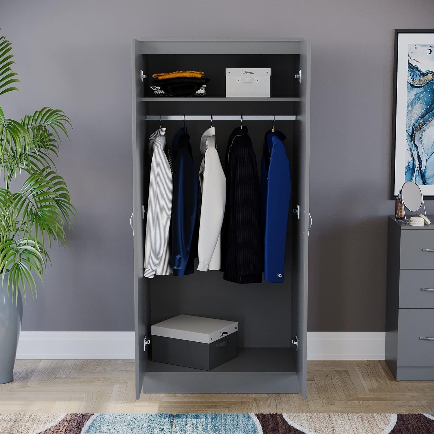 Grey 2 Door Wardrobe with Hanging Rail & Shelf, Modern Bedroom Storage
