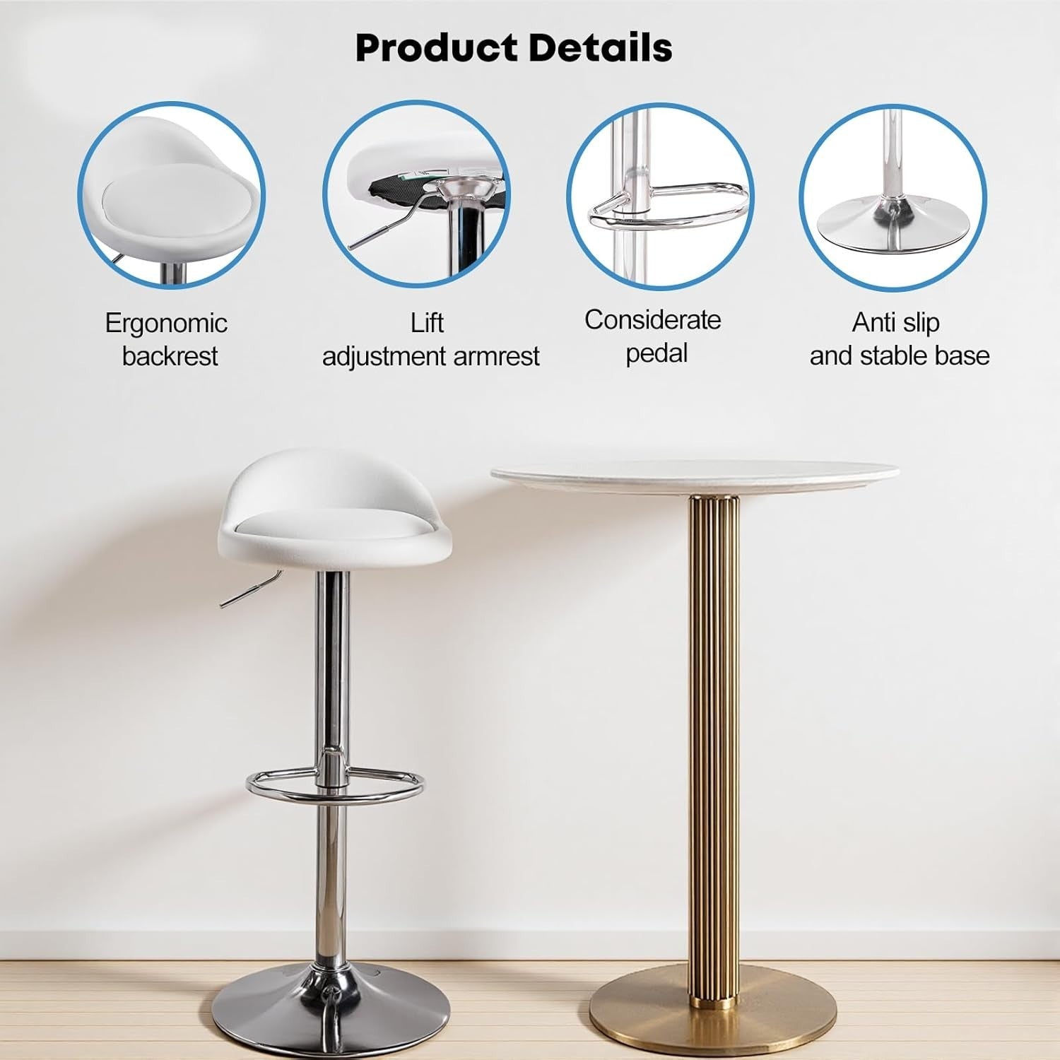 White Faux Leather Bar Stool Set of 2 Round Armless Adjustable Swivel Chairs