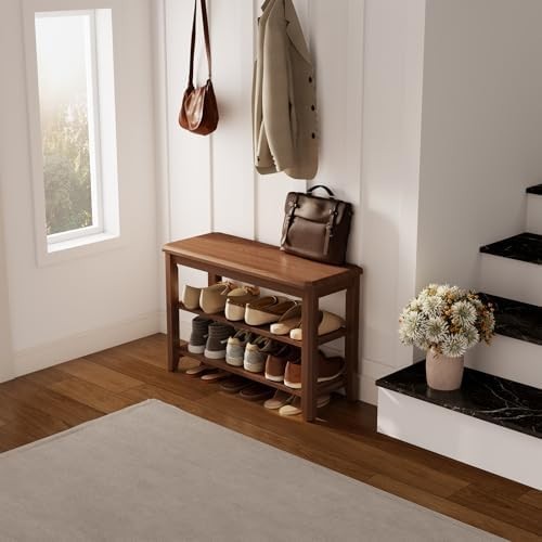 2-Tier Wooden Shoe Bench with Adjustable Shelves & Seat for Entryway