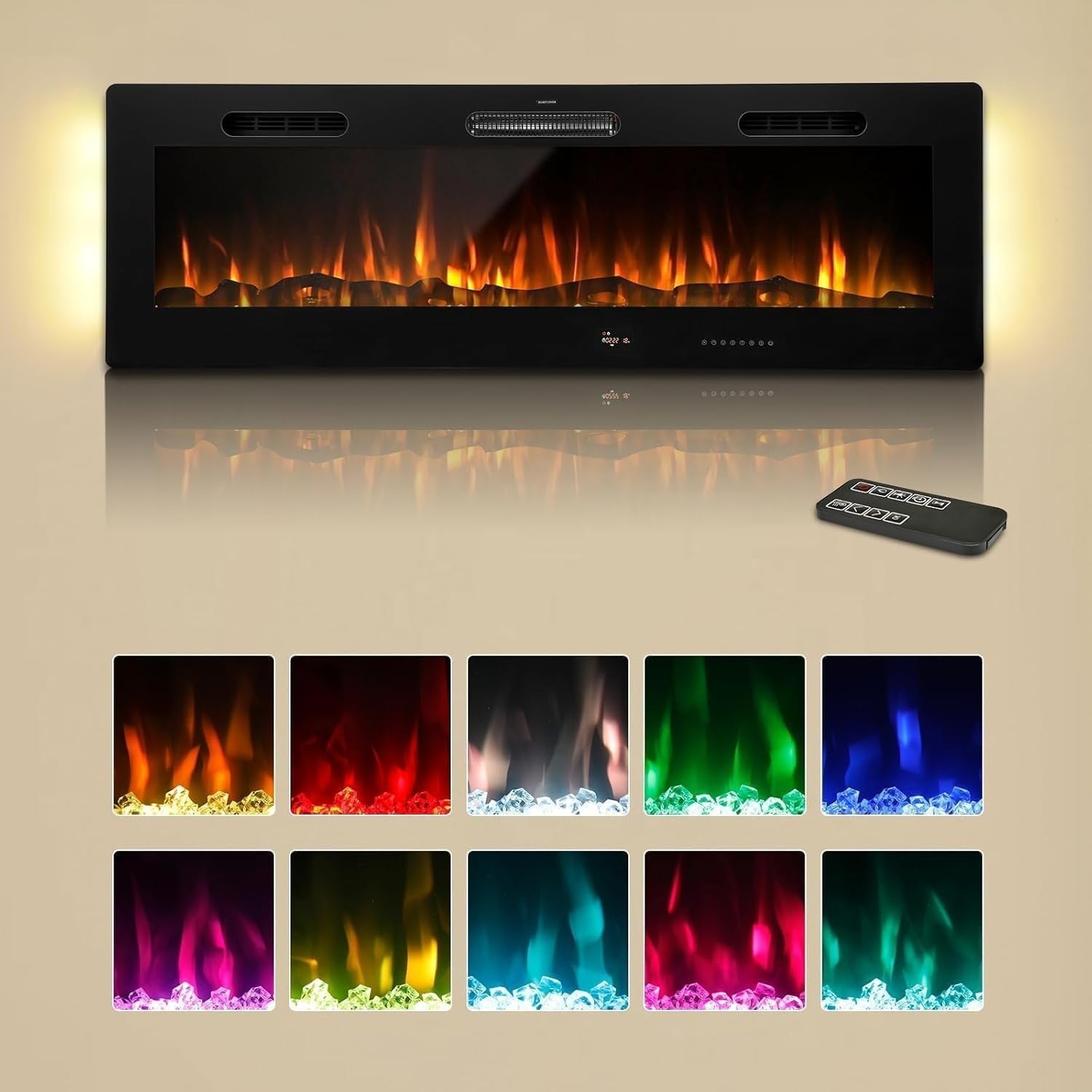 127cm Electric Wall Mounted Fireplace Insert LED Flames Remote Heat Timer
