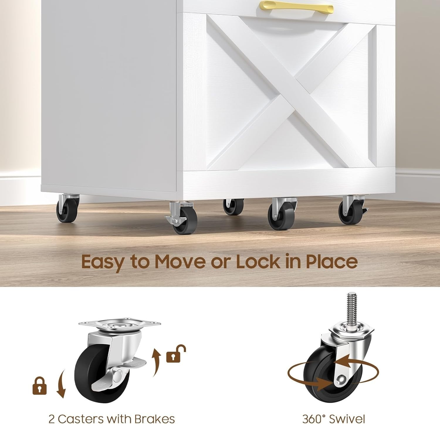 Farmhouse Rolling File Cabinet 2 Drawer A4 Letter Under Desk White