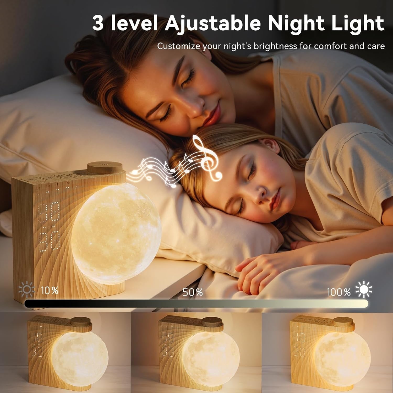 Warm White 3D Moon Light Alarm Clock Sunrise RGB Night Lamp Dual Alarm