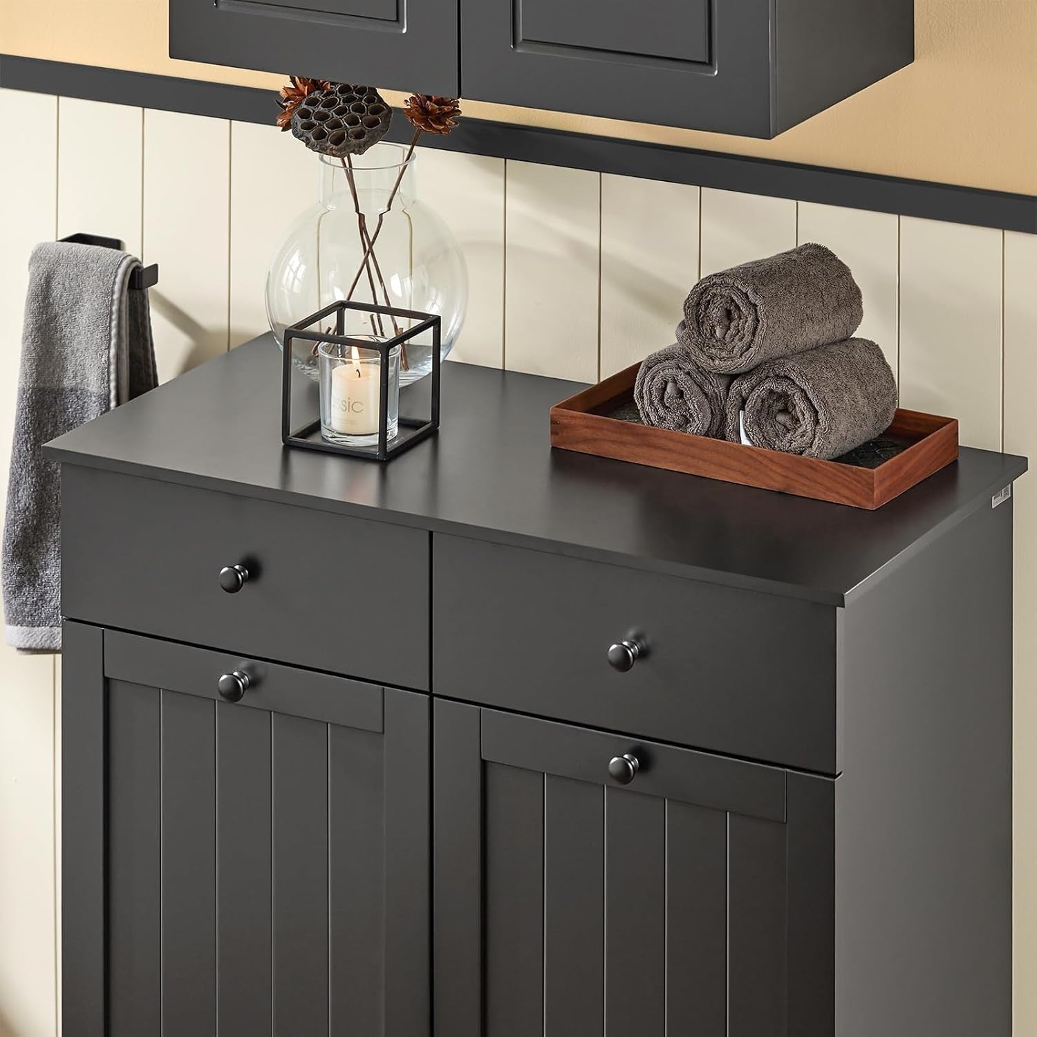 Bathroom Laundry Cabinet Storage Unit with Drawers & Baskets Black Wood