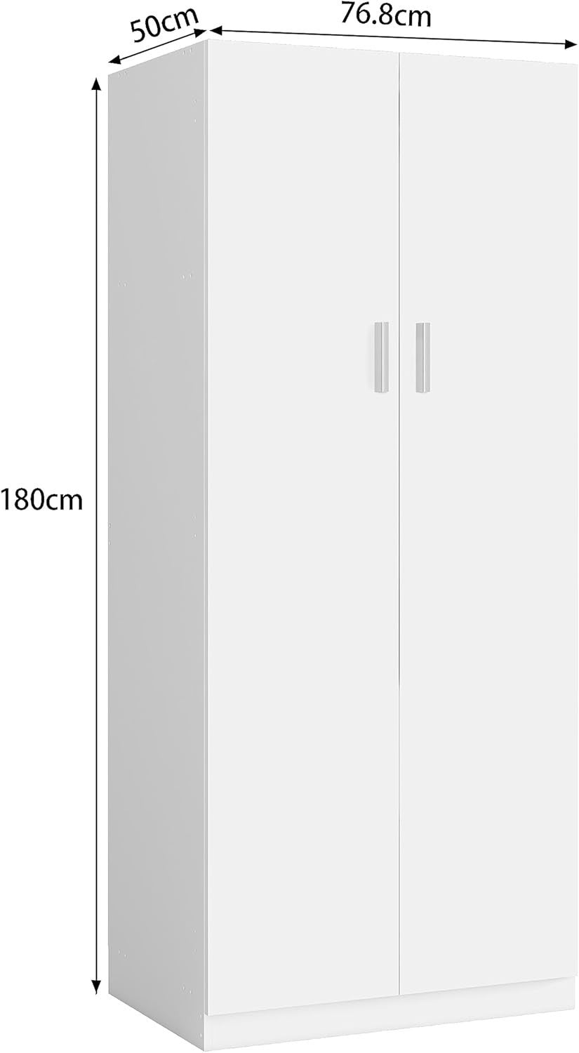 White 2 Door Wardrobe with Hanging Rail & Storage Shelf for Small Rooms