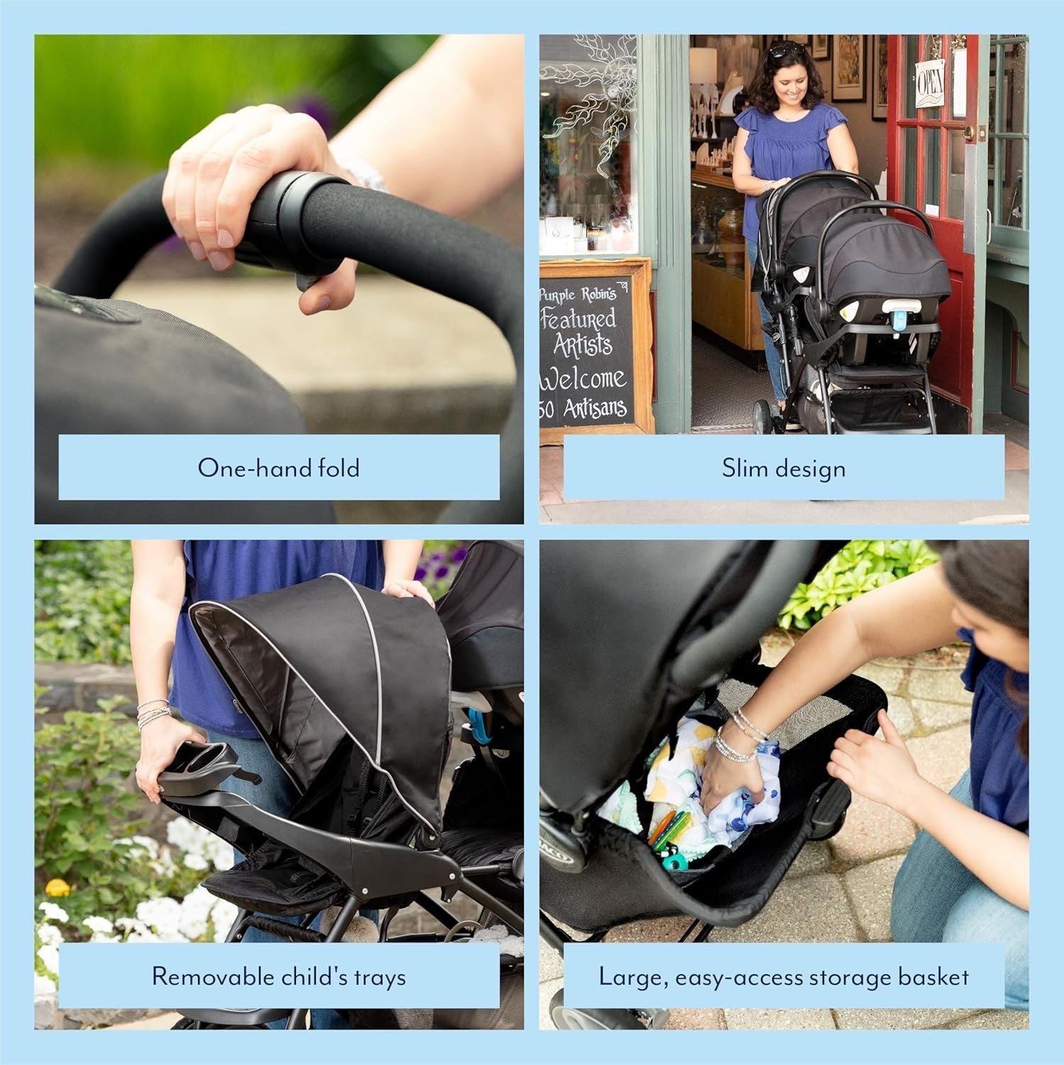 Tandem Double Pushchair from Birth, One-Hand Fold, Recline Seats, Black