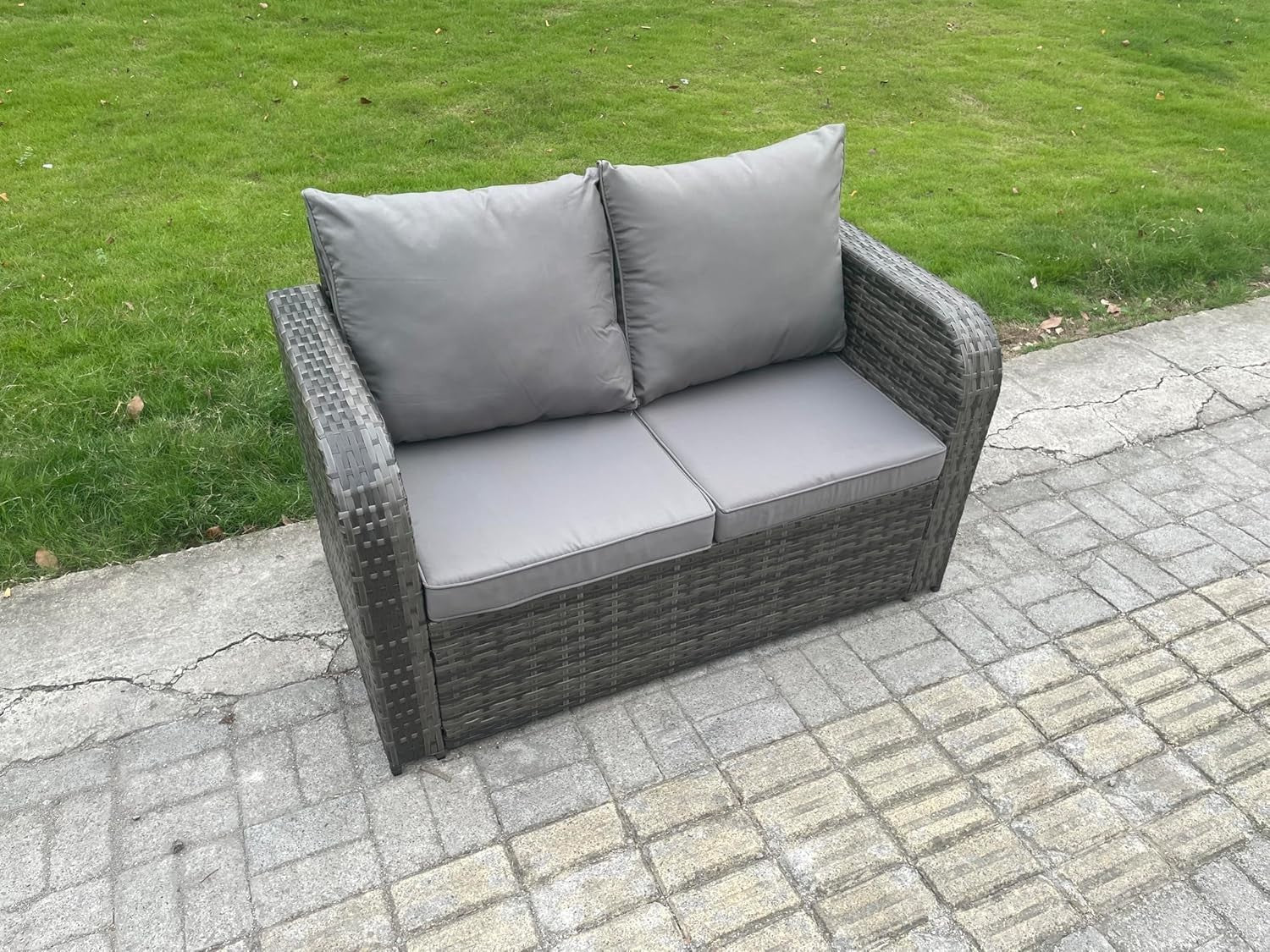 Compact Rattan Loveseat Garden Sofa Cushioned Outdoor Patio Seating