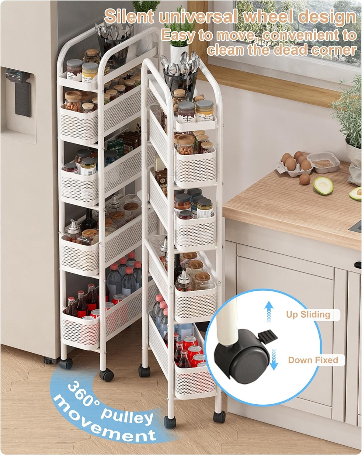 Slim Kitchen Storage Trolley 5 Tier Pull Out Baskets Narrow Cart Wheels