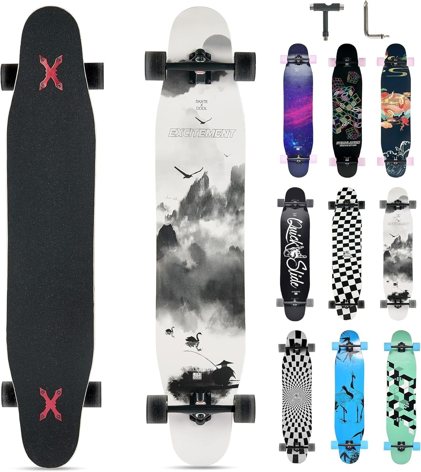 46" Longboard Skateboard Complete 8-Layer Maple Wood Deck for Teens & Adults