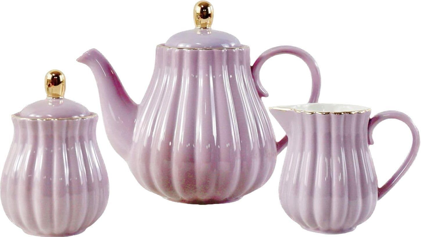 Euro Style Porcelain Tea Set Teapot Milk Jug Sugar Bowl Purple 920ml