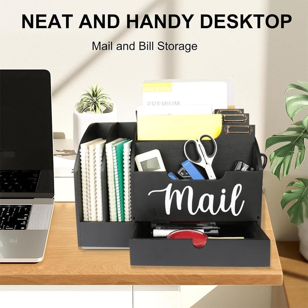 Wood Desktop Mail Organizer with 6 Compartments & Drawer – Desk Storage