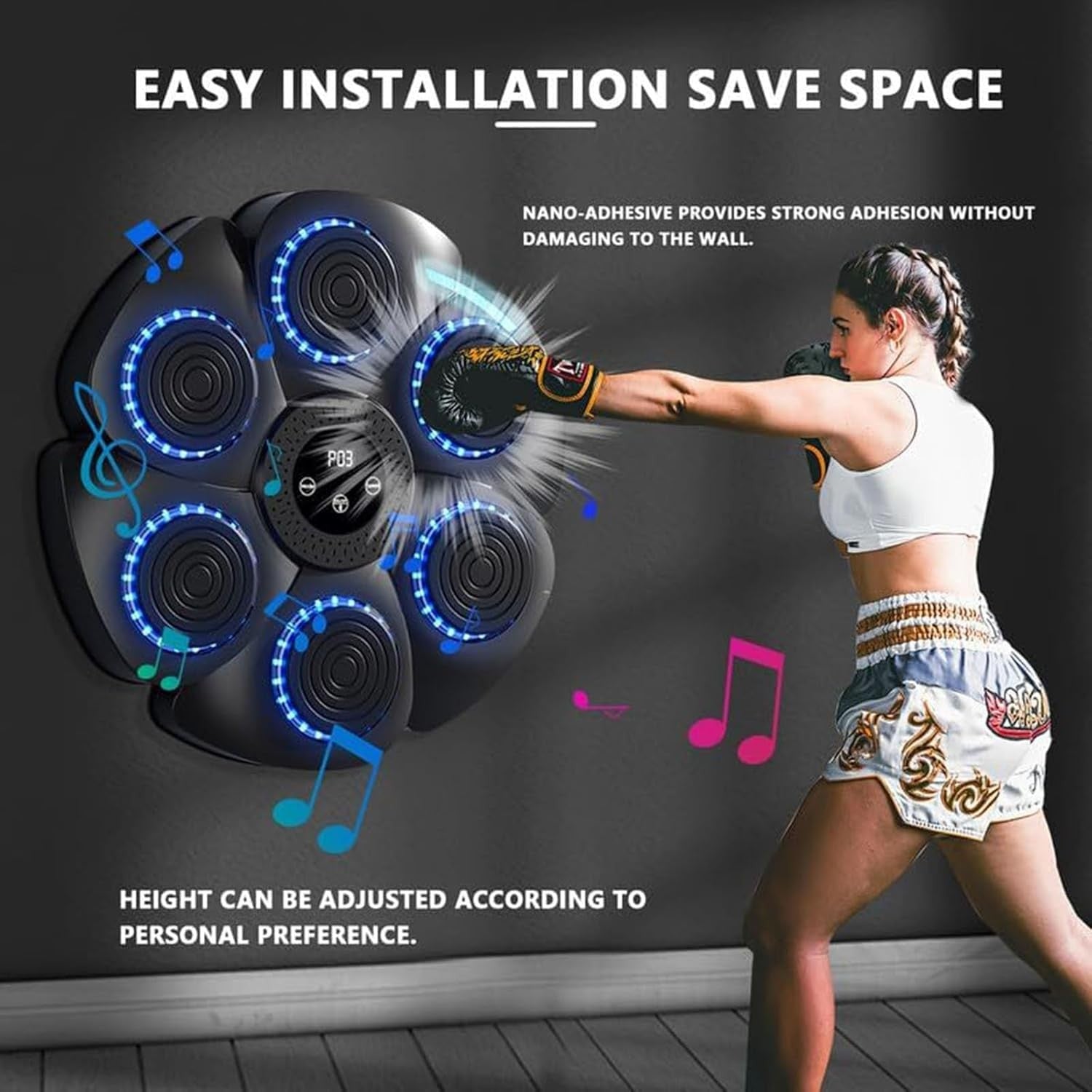 Black Music Boxing Machine Blue LED Bluetooth Wall Punch Trainer 9 Speed