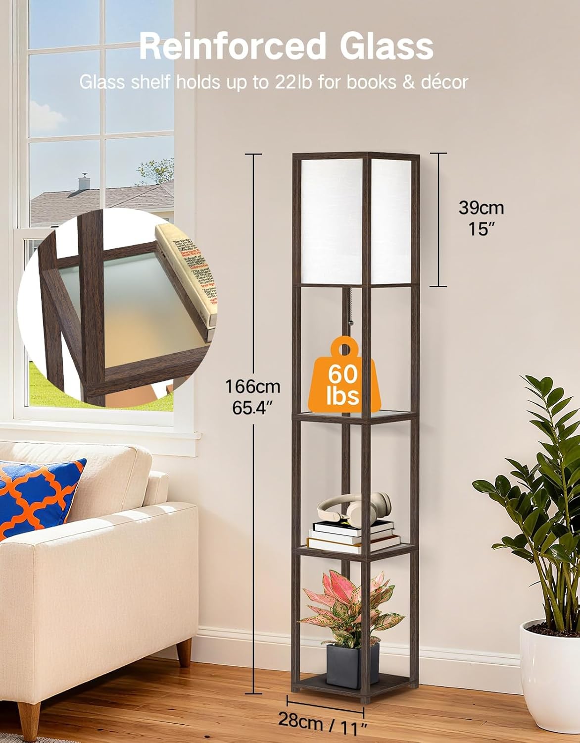 Floor Lamp with Shelves LED Adjustable Colour Standing Storage Light Walnut