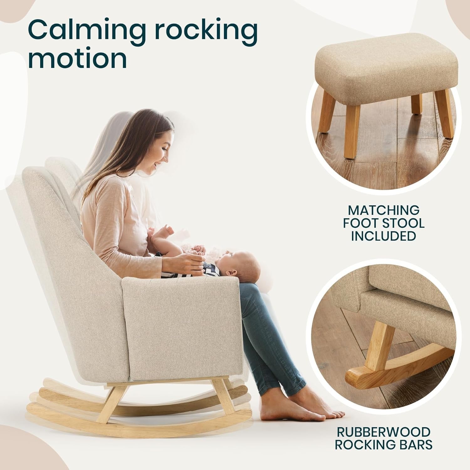Nursery Rocking Chair with Footstool, Soft Touch Fabric, Ergonomic 93x75cm