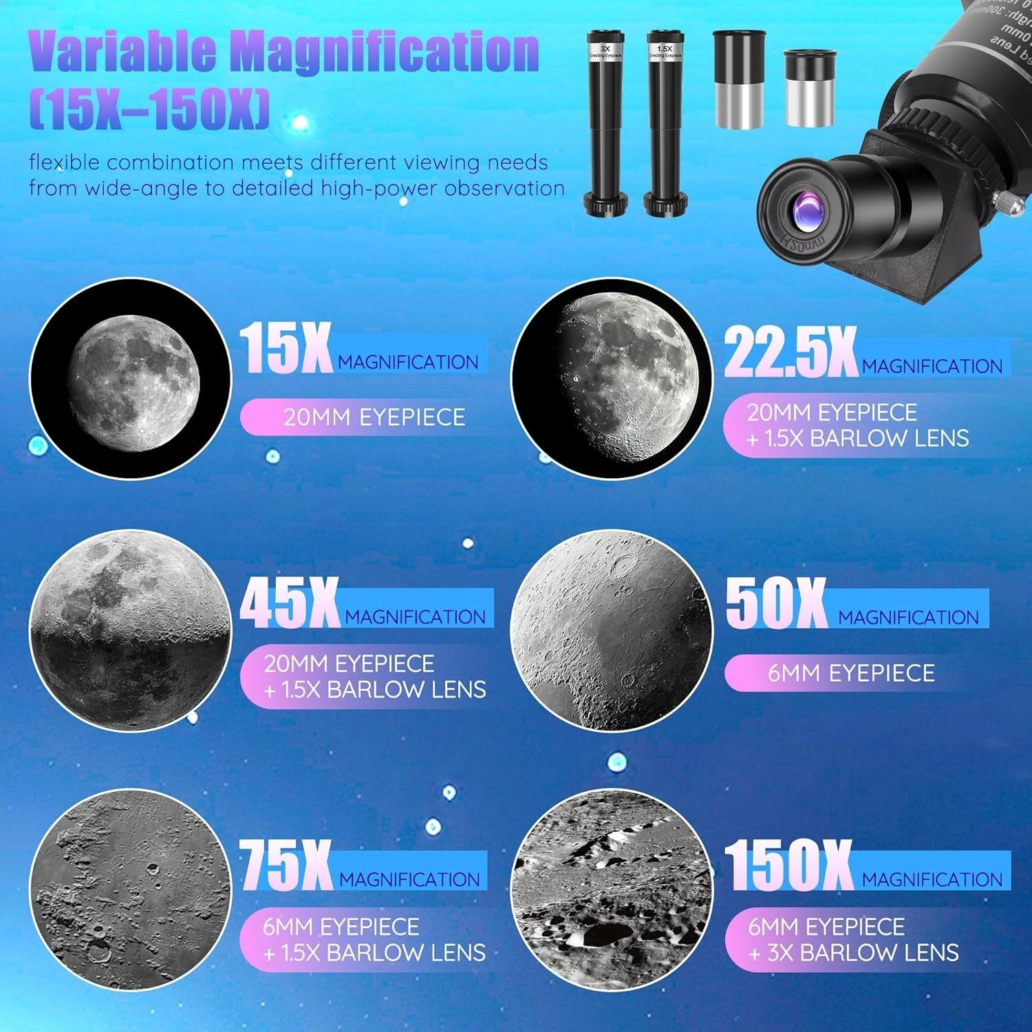 70mm Refractor Telescope 15X–150X for Kids & Adults - White