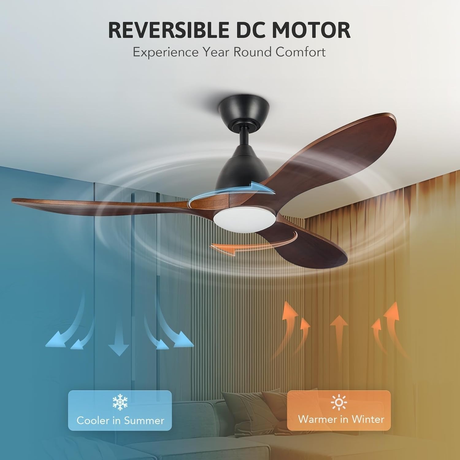 52" Smart Wood Ceiling Fan with Light, 6-Speed, Remote, Walnut