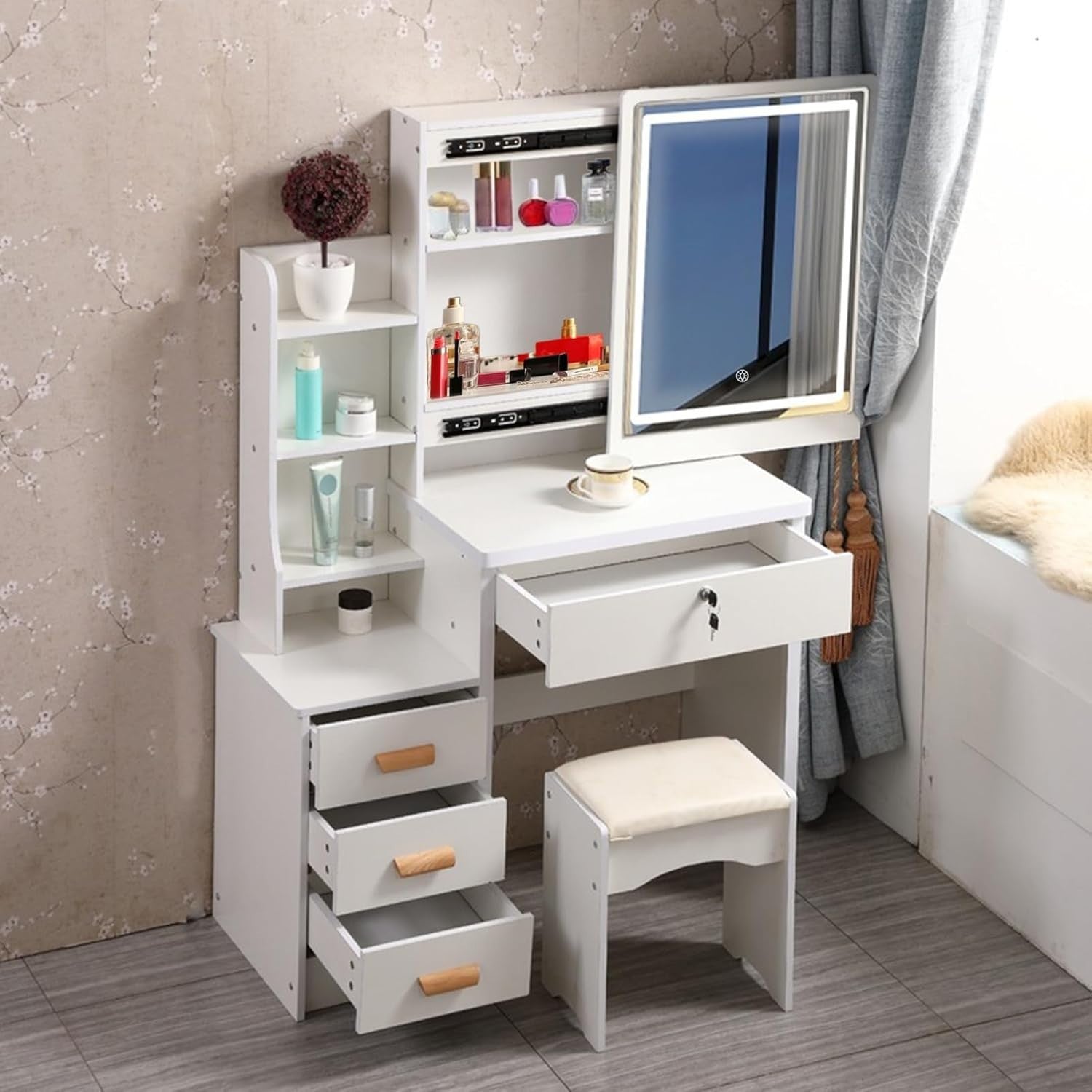 White Dressing Table Makeup Vanity Desk with LED Lights 4 Drawers Storage