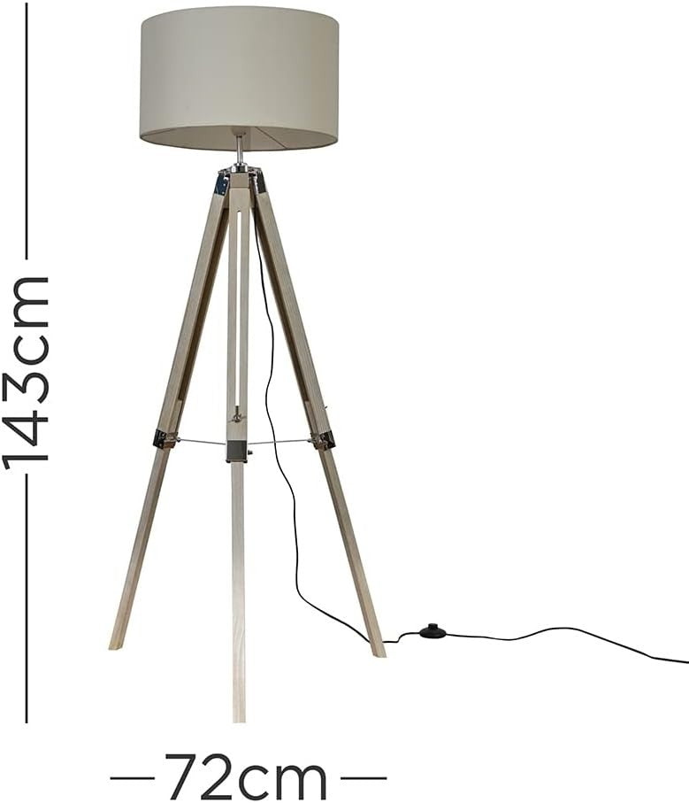 Modern Tripod Floor Lamp with Beige Drum Shade, Wood & Chrome Finish, 154cm