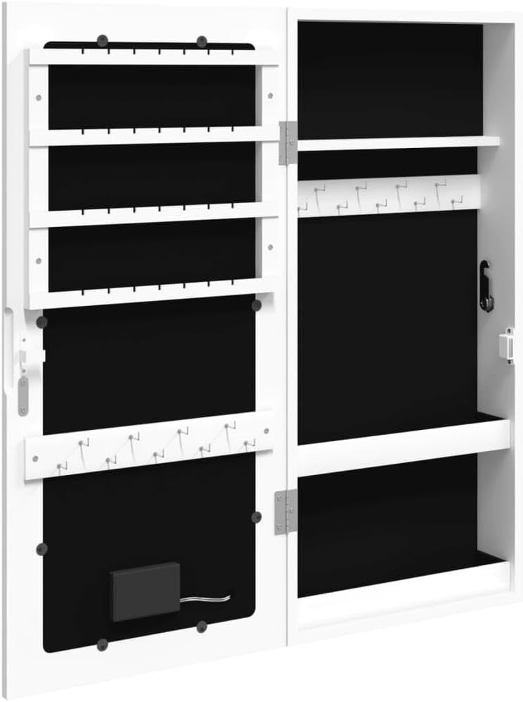 Compact LED Wall Jewelry Cabinet Frameless Mirror Lockable Storage White