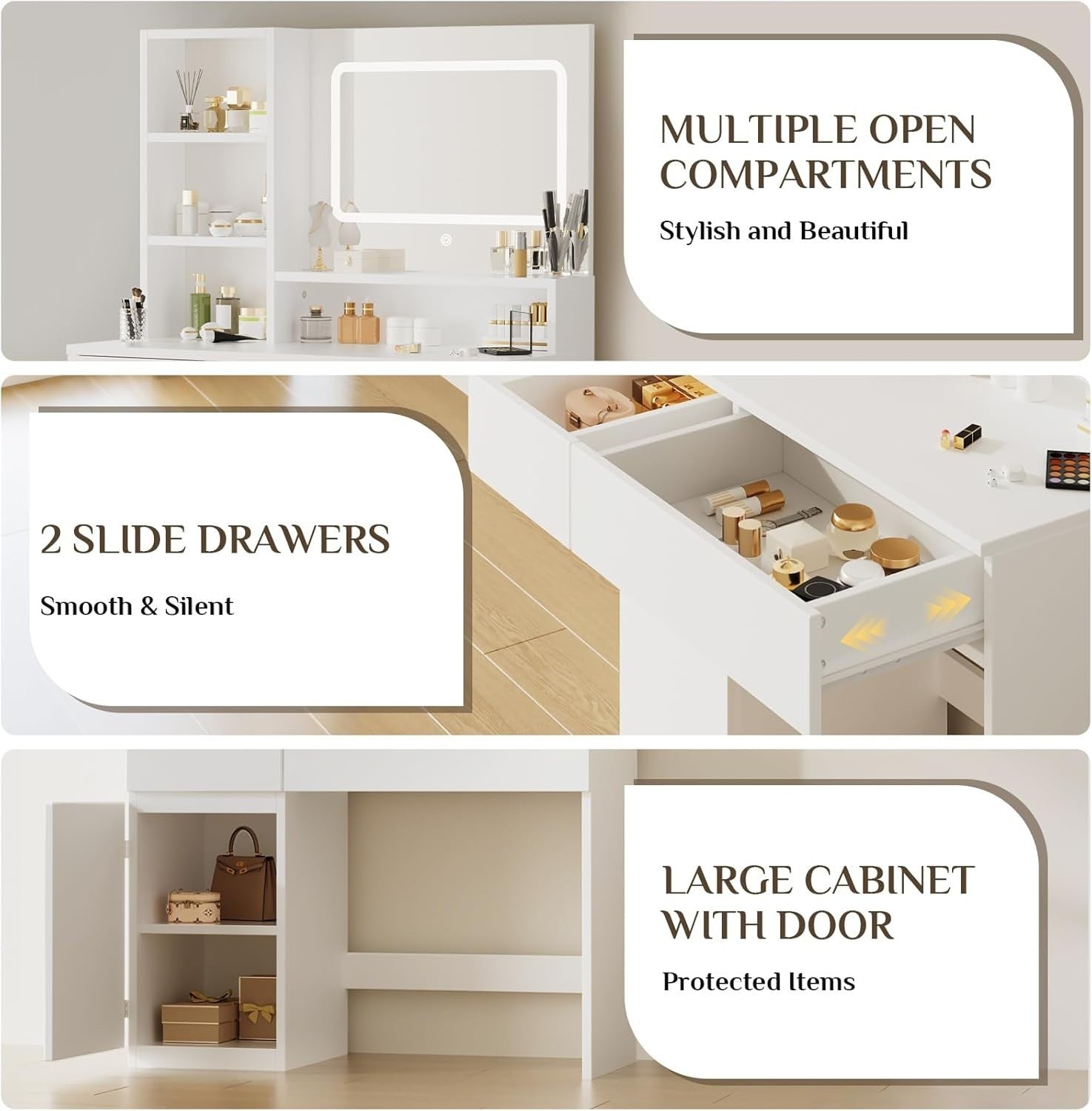 Modern LED Dressing Table Vanity Makeup Desk White 2 Drawers Storage Mirror