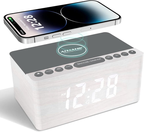 Wireless Charging Alarm Clock FM Radio USB Dimmable LED Wooden Bedside