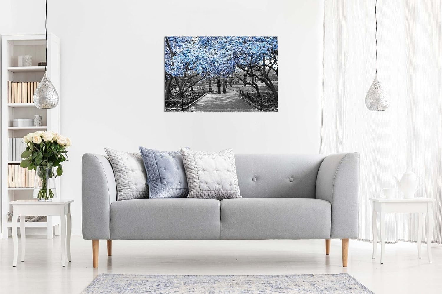 Black White Blue Blossom Canvas Wall Art Small Modern Home Decor