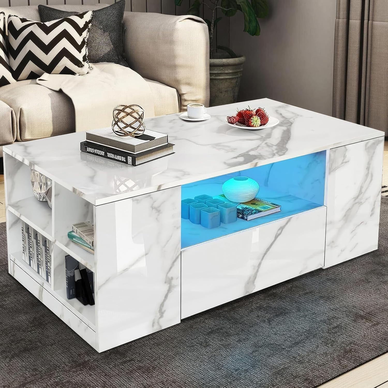 White Marble High Gloss Coffee Table with LED Lights, 2 Drawers & Storage