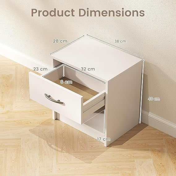 Modern White Bedside Table with Drawer & Shelf, Wooden Nightstand 38x28x40cm